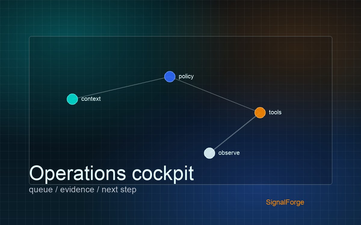 Operations dashboard with a task queue, customer context, recommendations, and AI-assisted actions